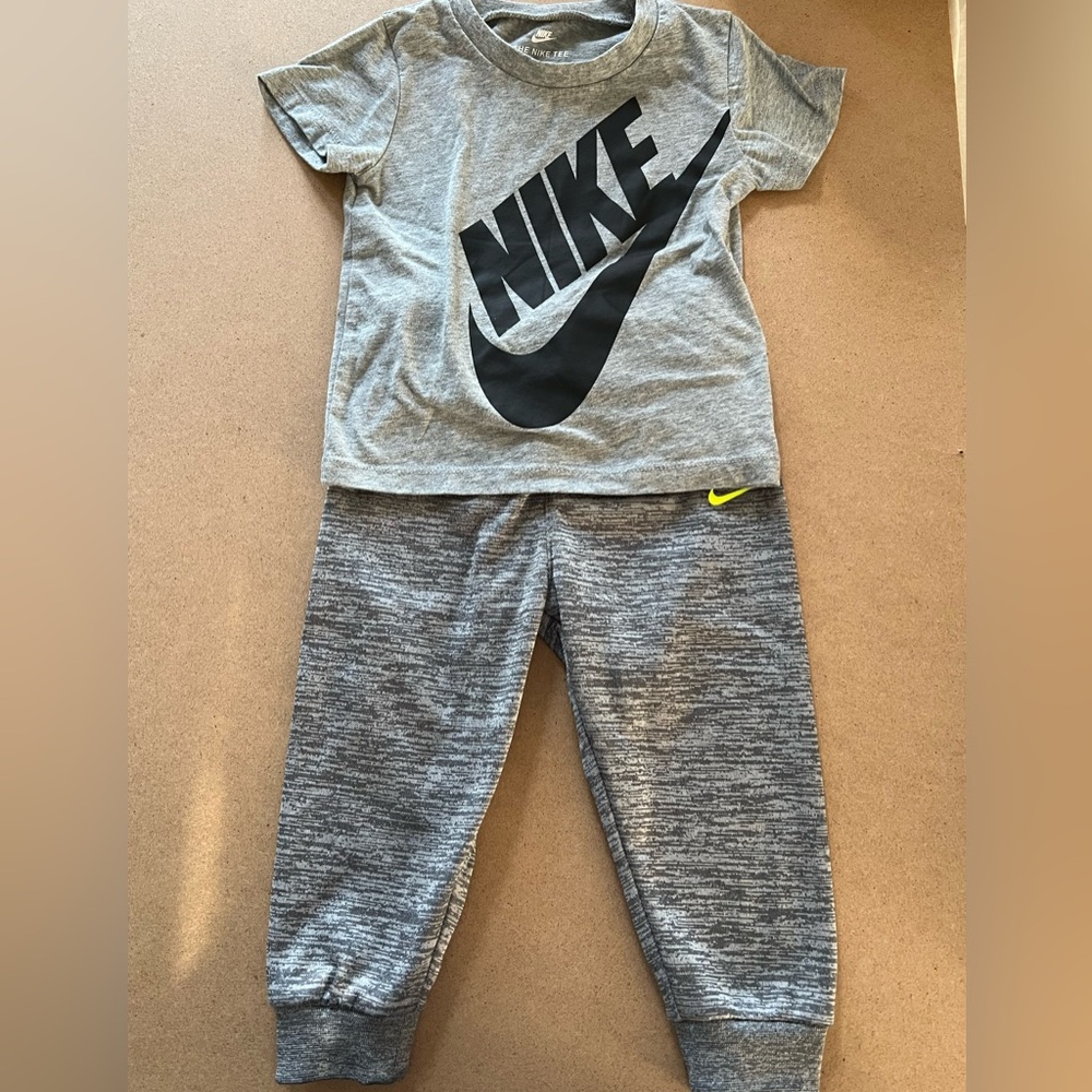 Like New- 3 piece Set 
Nike Heather Gray Logo Tee and Joggers- size 18 months